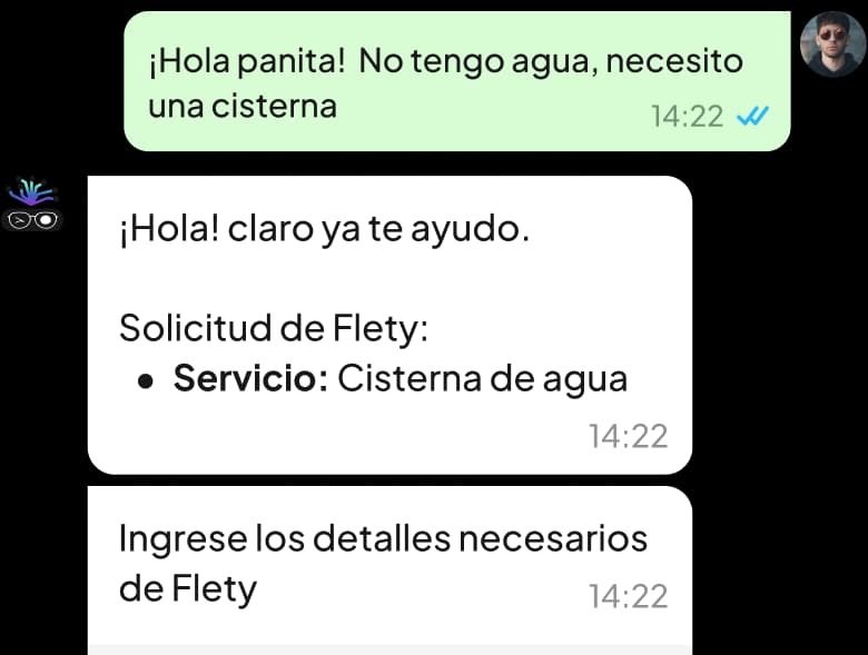 Solicitando cisterna de agua por WhatsApp con Panita