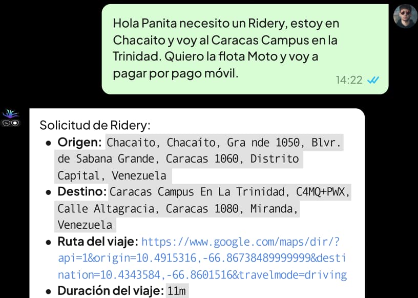 Pidiendo viajes de Ridery por WhatsApp con Panita