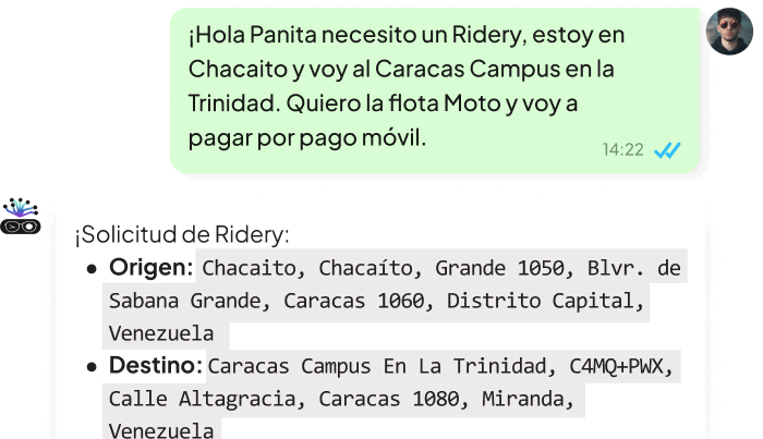Solicitando viajes de Ridery por WhatsApp con Panita